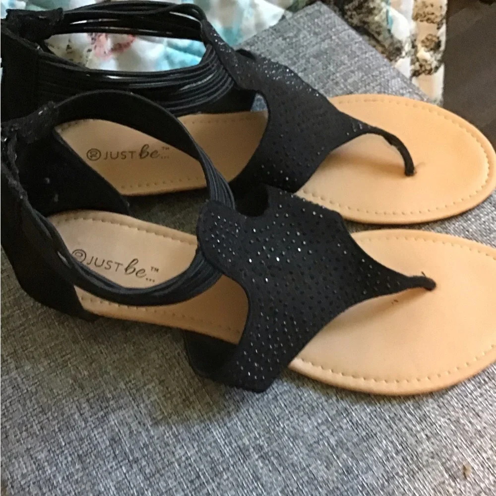 Just Be Black Rhinestone T-Strap Sandals with Elastic Ankle